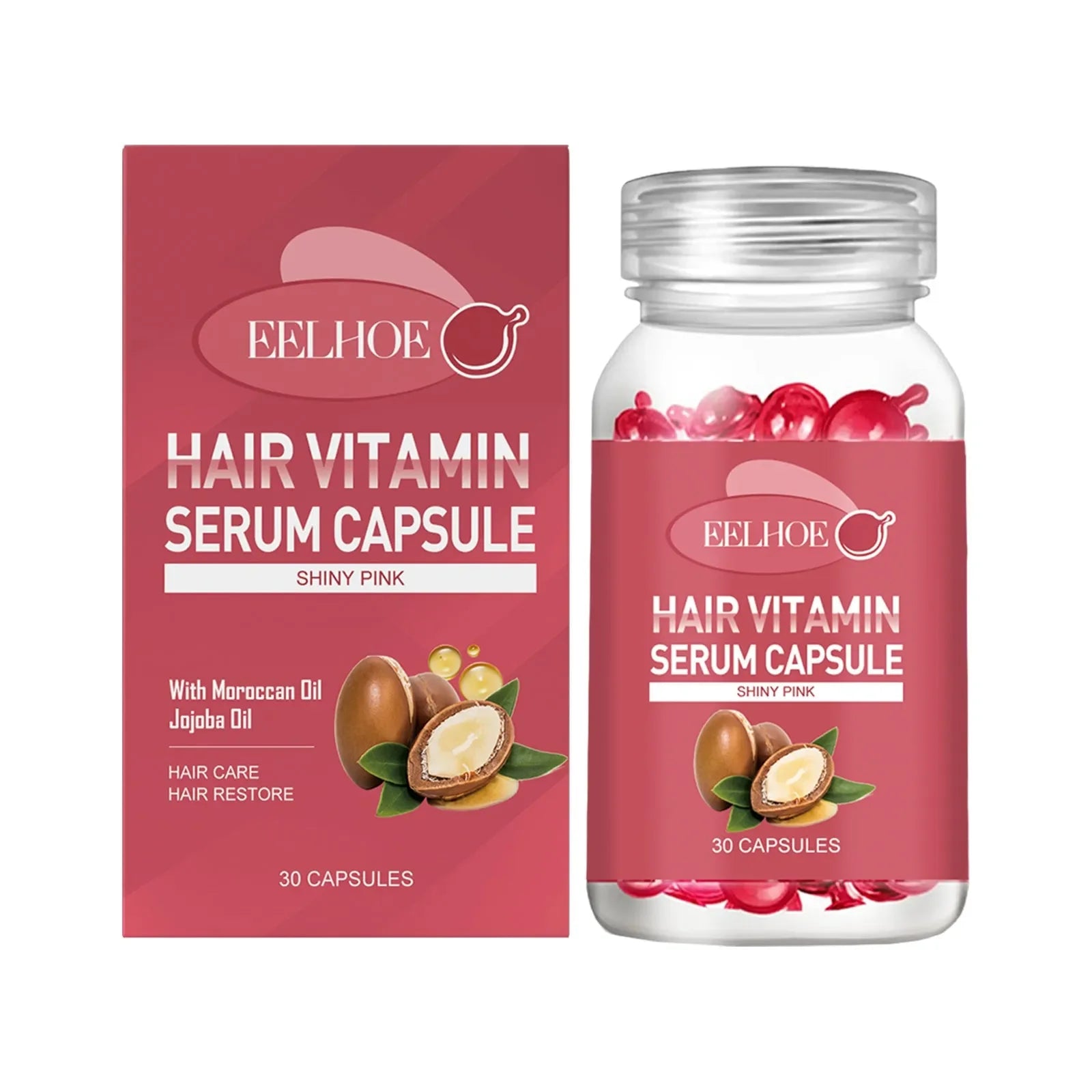 Eelhoe Hair Vitamin Serum Capsule shiny pink box and bottle with Moroccan oil and jojoba oil