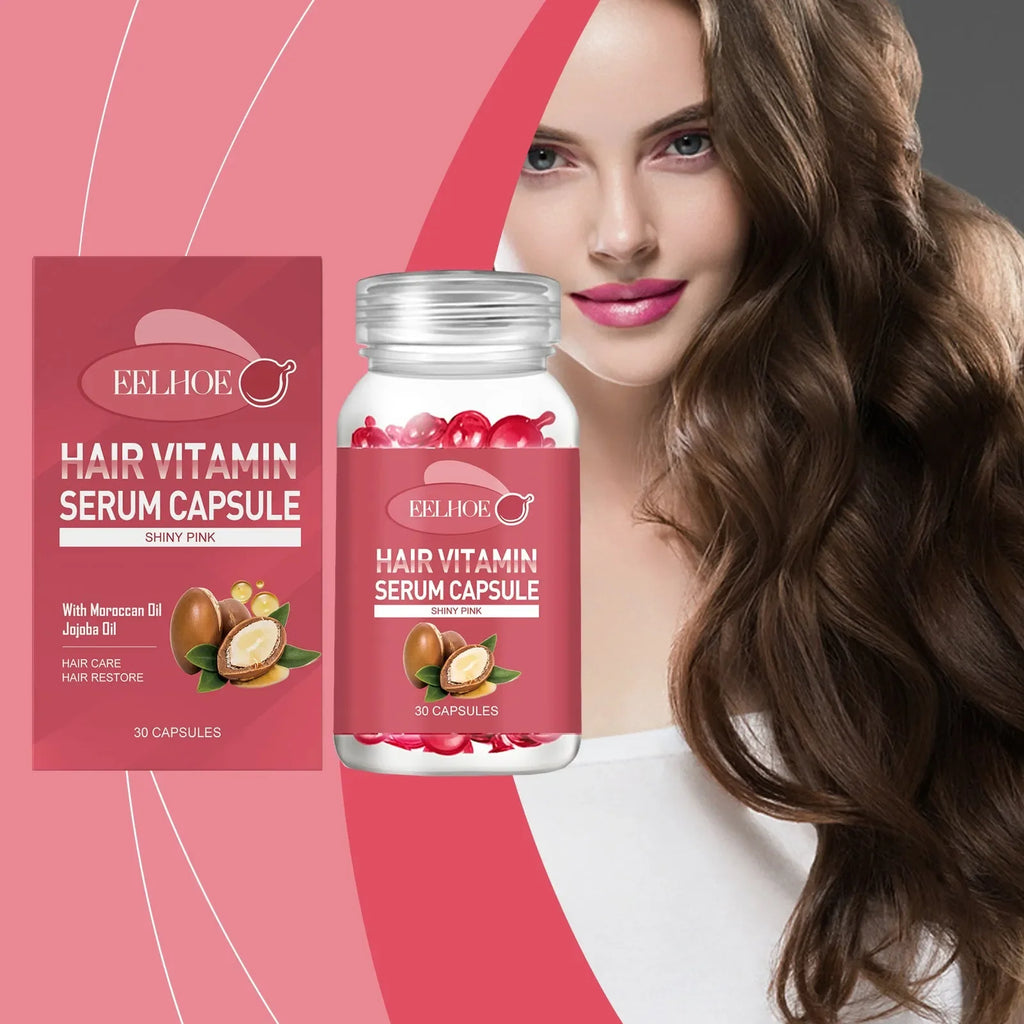 EELHOE Hair Vitamin Serum Capsule bottle and box with woman showing long, shiny brown hair