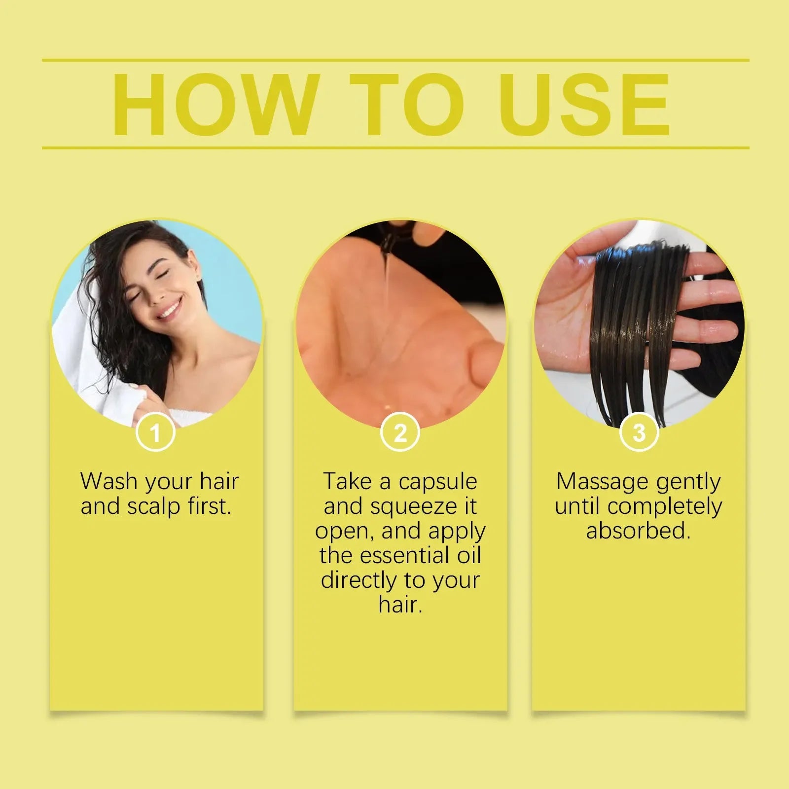 How to use hair essential oil instructions with photos: wash hair, apply oil capsule, massage in.