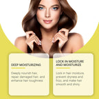 Woman with smooth, shiny hair promoting deep moisturizing and anti-frizz hair care benefits.