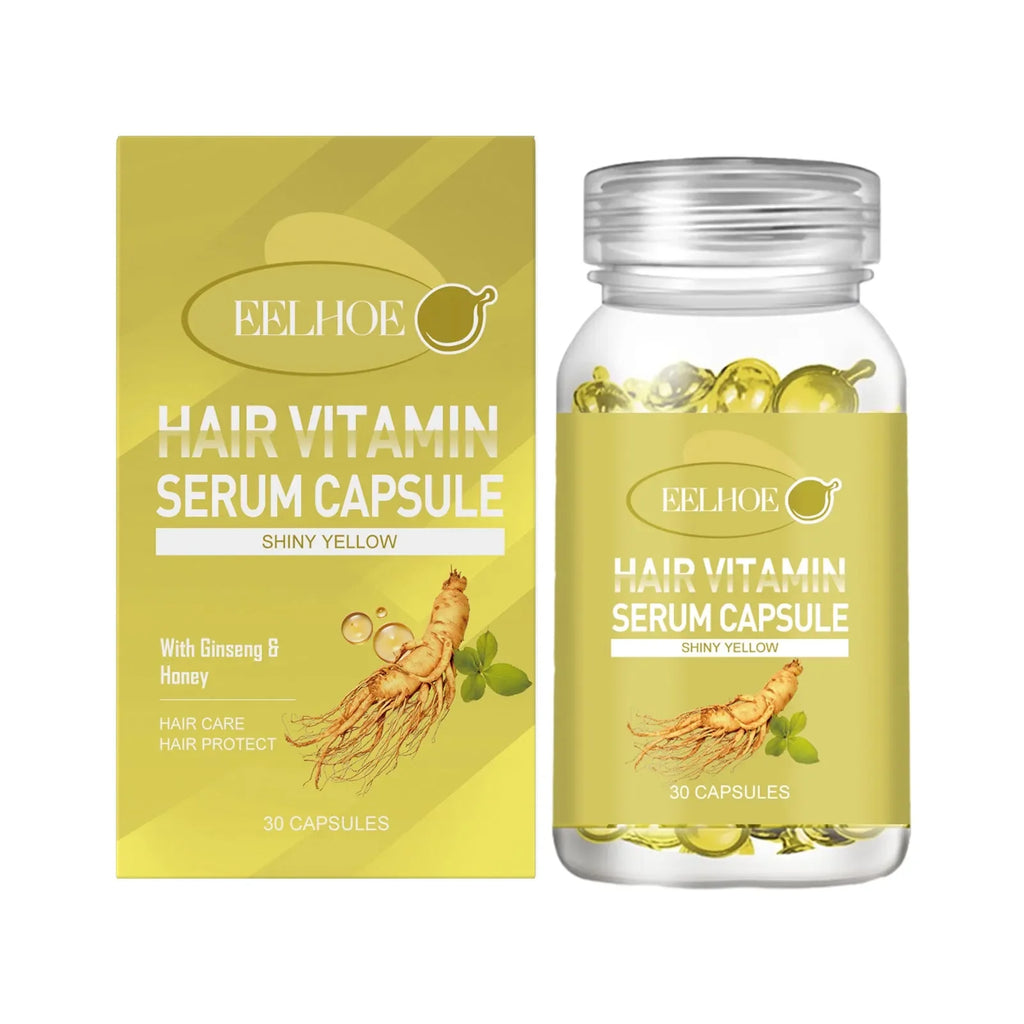 Eelhoe Hair Vitamin Serum Capsule shiny yellow box and bottle with ginseng and honey, 30 capsules.