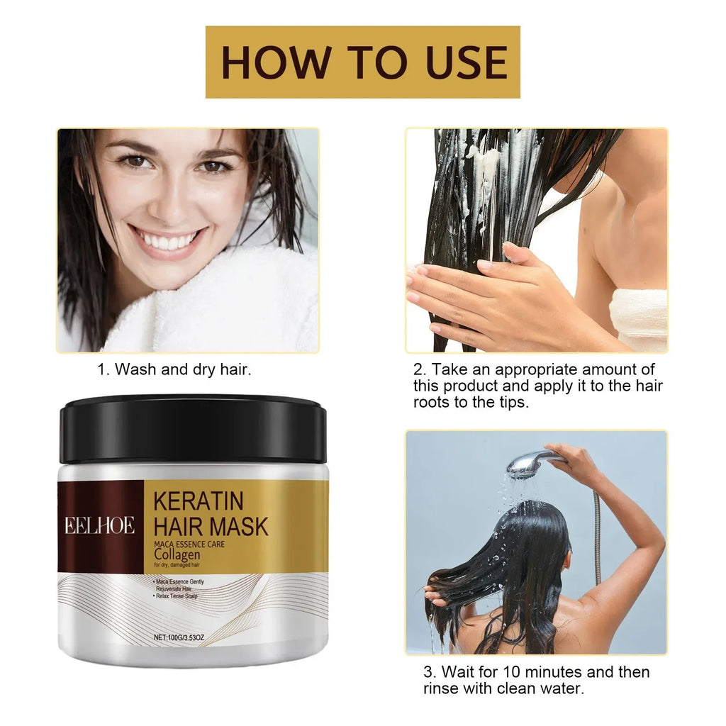 Keratin hair mask application steps with woman washing, applying mask, and rinsing hair