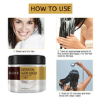 Keratin hair mask application steps with woman washing, applying mask, and rinsing hair