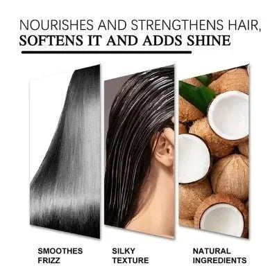 Smooth hair, silky texture, and coconut ingredients for hair nourishment and shine benefits.