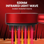 Red infrared light therapy hair brush emitting 630nm light onto scalp with hair follicles