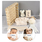 Natural spa bath set with loofah, scrub gloves, sponge, headband, and wicker tray