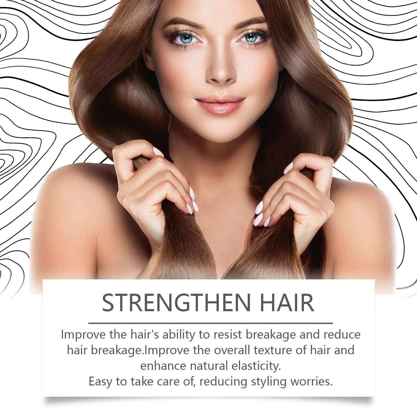 Woman with smooth, shiny hair holding strands, strengthen hair care, healthy hair concept