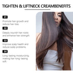 Woman with long healthy hair next to hair growth and moisturizing cream benefits list