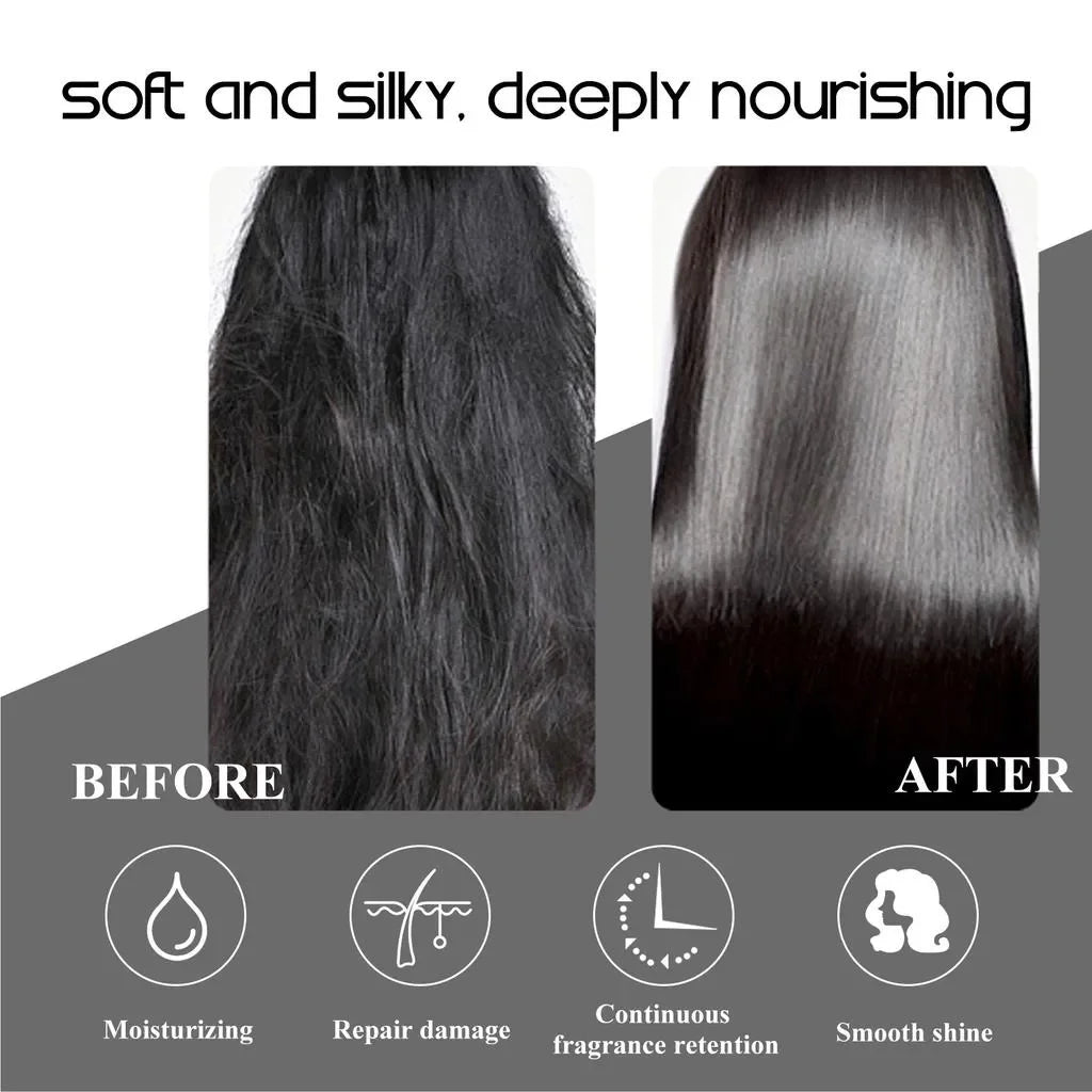 Before and after comparison of hair, showing transformation from frizzy to smooth, shiny hair.